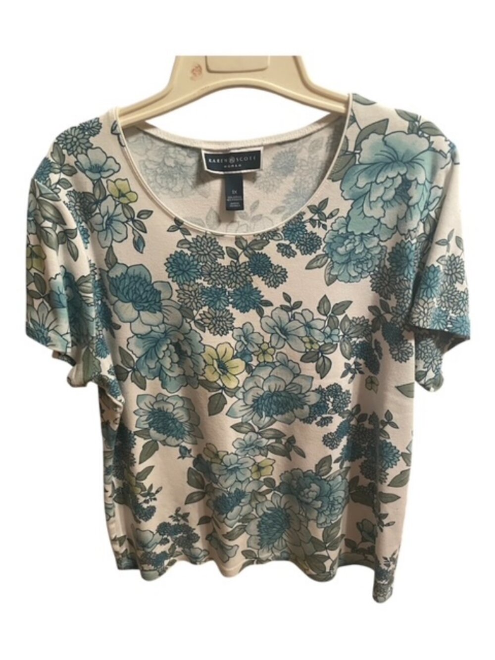 Karen Scott Short Sleeve Floral Tee Blue Teal 1X
